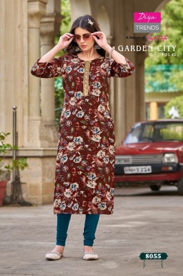 Kajal style by Diya trends reyon foil printed embroidered kurti catalogue at affordable rate kurtis catalogs