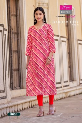 Kajal style by Diya trends reyon foil printed embroidered kurti catalogue at affordable rate kurtis catalogs