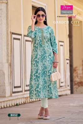 Kajal style by Diya trends reyon foil printed embroidered kurti catalogue at affordable rate kurtis catalogs