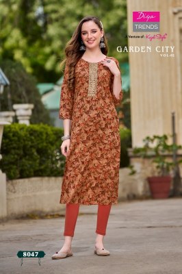 Kajal style by Diya trends reyon foil printed embroidered kurti catalogue at affordable rate kurtis catalogs