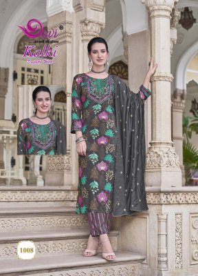 Kalki vol 1 by Devi Heavy Reyon foil printed embroidered Kurti pant and dupatta at low rate   readymade suit catalogs