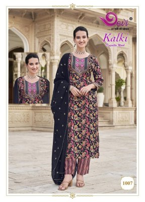 Kalki vol 1 by Devi Heavy Reyon foil printed embroidered Kurti pant and dupatta at low rate   readymade suit catalogs