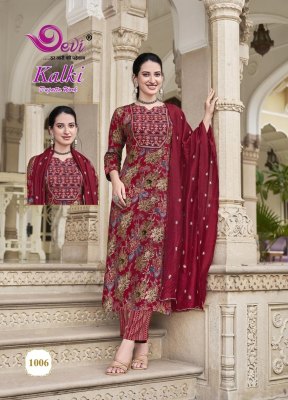 Kalki vol 1 by Devi Heavy Reyon foil printed embroidered Kurti pant and dupatta at low rate   readymade suit catalogs