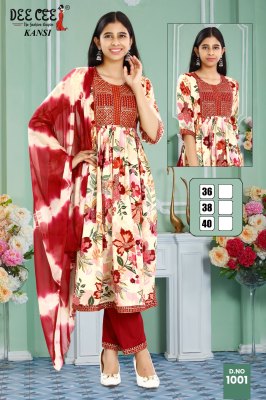 Kansi by deecee Rayon printed naira cut embroidered readymade suit collection at low rate readymade suit catalogs