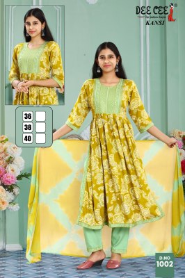 Kansi by deecee Rayon printed naira cut embroidered readymade suit collection at low rate readymade suit catalogs