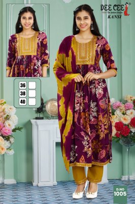 Kansi by deecee Rayon printed naira cut embroidered readymade suit collection at low rate readymade suit catalogs