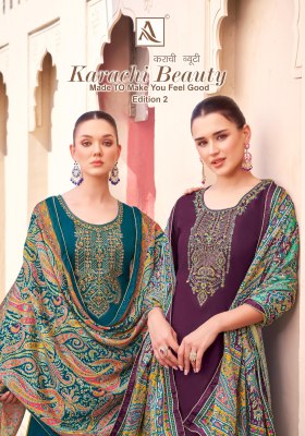 Karachi beauty 2 by Alok Suit Pure Cotton Fancy Embroidered Unstitched suit collection with low rate wholesale catalogs