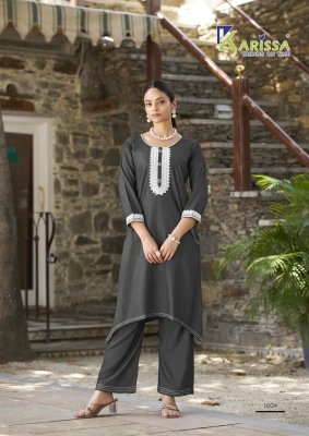 Karissa Aditi Fish Cut Denim Co Ord Set with Hand Embroidery Top And Pocket Pants Wholesale co ord set catalogs