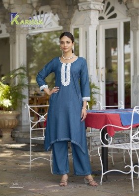 Karissa Aditi Fish Cut Denim Co Ord Set with Hand Embroidery Top And Pocket Pants Wholesale co ord set catalogs