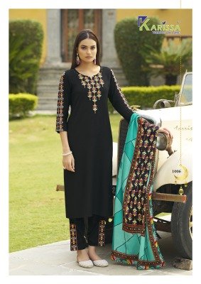 Karissa Anika Premium Liva Rayon Suit Top Bottom Muslin Digital Print Dupatta Hand And Thread Work Wholesale kurtis catalogs