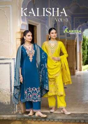 Karissa Kalisha Vol 3 Design 4 Premium Viscose Roman Silk Kurti Set with Pant And Banarasi Jacquard Muslin Dupatta Wholesale kurti pant with dupatta Catalogs