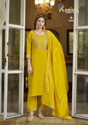 Karissa Roshani Vol 2 Premium Heavy Viscose Roman Silk Top And Pant Set with Cotton Mall Inner Banarasi Pure Dola Maslin Dupatta Featuring Jacquard An kurtis catalogs