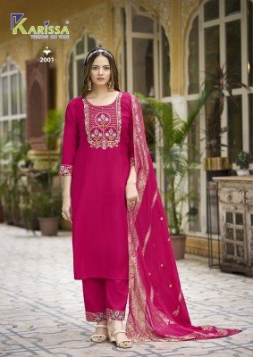 Karissa Roshani Vol 2 Premium Heavy Viscose Roman Silk Top And Pant Set with Cotton Mall Inner Banarasi Pure Dola Maslin Dupatta Featuring Jacquard An kurtis catalogs