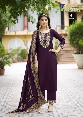 Karissa Roshani Vol 2 Premium Heavy Viscose Roman Silk Top And Pant Set with Cotton Mall Inner Banarasi Pure Dola Maslin Dupatta Featuring Jacquard An kurtis catalogs