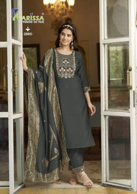 Karissa Roshani Vol 2 Premium Heavy Viscose Roman Silk Top And Pant Set with Cotton Mall Inner Banarasi Pure Dola Maslin Dupatta Featuring Jacquard An kurtis catalogs