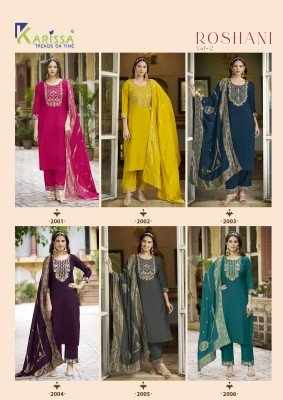 Karissa Roshani Vol 2 Premium Heavy Viscose Roman Silk Top And Pant Set with Cotton Mall Inner Banarasi Pure Dola Maslin Dupatta Featuring Jacquard An kurtis catalogs