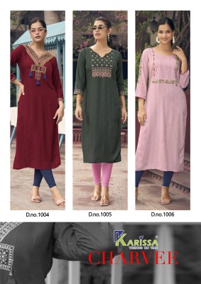 Karissa by Charvee heavy reyon thread work kurti pant and dupatta catalogue  readymade suit catalogs