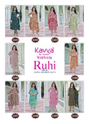 Kavya Ruhi Vol 16 Teenage Umbrella Cut Suit Set in Capsule Foil Print with Nazneen Chiffon Dupatta Wholesale kurtis catalogs