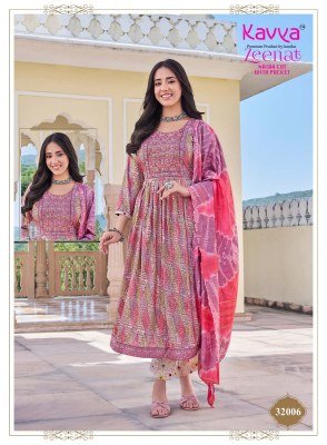 Kavya Zeenat Vol 32 Nayra Cut Kurti Set Capsule Foil Print with Sequence Pants Wholesale kurti pant with dupatta Catalogs