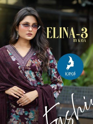 Kaya Kurti Elina 3 Straight Cut Suit Set Vertical Foil Print Top, Matching Bottom And Chanderi Sequin Dupatta Wholesale wholesale catalogs
