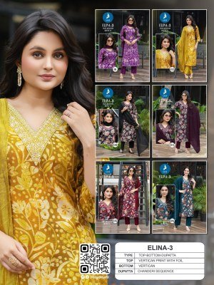 Kaya Kurti Elina 3 Straight Cut Suit Set Vertical Foil Print Top, Matching Bottom And Chanderi Sequin Dupatta Wholesale kurtis catalogs