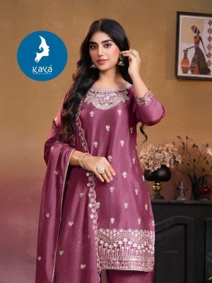 Kaya Kurti Garima Collection Straight Cut Kurti with Plazzo And Dupatta Chinon 3 Piece Set Wholesale Product kurti pant with dupatta Catalogs