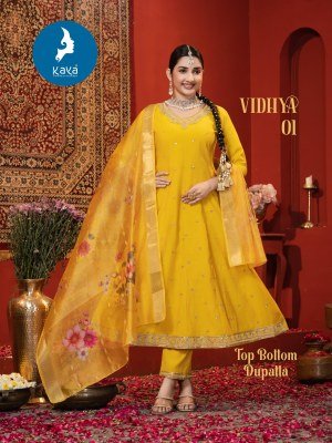 Kaya Kurti Vidya Anarkali Kurti Set Roman Silk Top And Bottom with Organza Dupatta Wholesale  kurtis catalogs