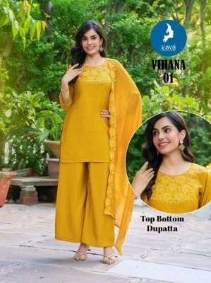 Kaya Kurti Vihana 3 Piece Straight Cut Set Roman Silk Top And Plazzo with Chanderi Dupatta Wholesale kurtis catalogs