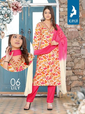 Kaya by lily 3 piece reyon straight kurti with pant and dupatta catalogue at low rate readymade suit catalogs