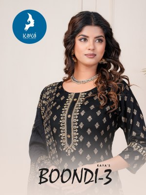 Kaya kurti by boondi 3 straight reyon block printed kurti pant with dupatta catalogue   Kaya kurti