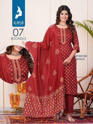 Kaya kurti by boondi 3 straight reyon block printed kurti pant with dupatta catalogue   readymade suit catalogs