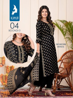 Kaya kurti by boondi 3 straight reyon block printed kurti pant with dupatta catalogue   readymade suit catalogs