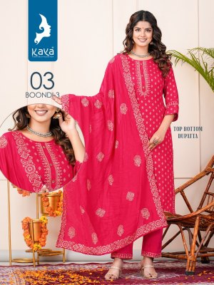 Kaya kurti by boondi 3 straight reyon block printed kurti pant with dupatta catalogue   readymade suit catalogs