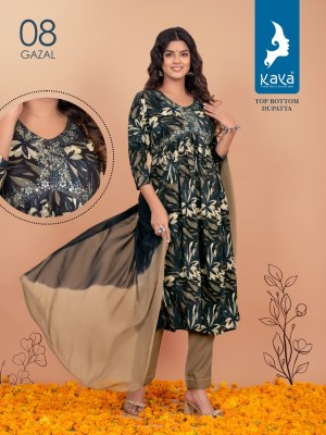 Kaya kurti by gazal 3 piece aliya with nyra cut reyon foil printed kurti catalog at wholesale price kurtis catalogs