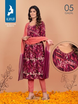 Kaya kurti by gazal 3 piece aliya with nyra cut reyon foil printed kurti catalog at wholesale price kurtis catalogs