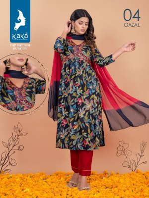 Kaya kurti by gazal 3 piece aliya with nyra cut reyon foil printed kurti catalog at wholesale price kurtis catalogs