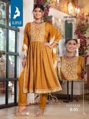 Kaya kurti by gulnaaz 3 piece nyra cut reyon printed kurti pant and dupatta at wholesale rate kurtis catalogs