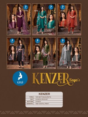 Kenzer by kaya streght cut work fancy digital printed kurti pant and dupatta set collection readymade suit catalogs