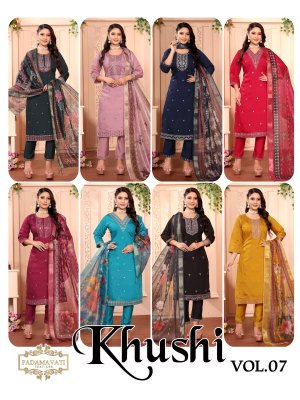 Khushi vol 7 by Padmavati Textiles Roman silk embroidered top bottom and dupatta catalogue at affordable rate readymade suit catalogs