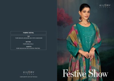 Kilory Trends Festive Show Collection Pure Muslin Jacquard Silk Unstitched Suit with Handwork And Digital Print Dupatta Wholesale dress material catalogs
