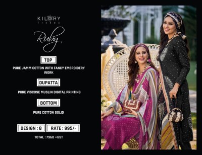 Kilory Trendz present Ruby pure jam cotton with fancy work unstitched dress material catalogue at low rate  salwar kameez catalogs