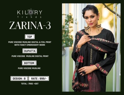 Kilory Trendz present Zarina 3 pure viscose digital printed fancy embroidered unstitched dress material at wholesale price salwar kameez catalogs