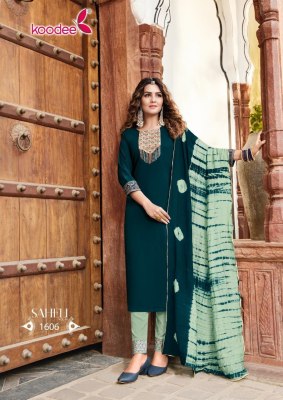 Koodee by saheli 16 Launching Kurti Pant With Dupatta Sets Contrans Patch Style catalogue at wholesale price kurtis catalogs