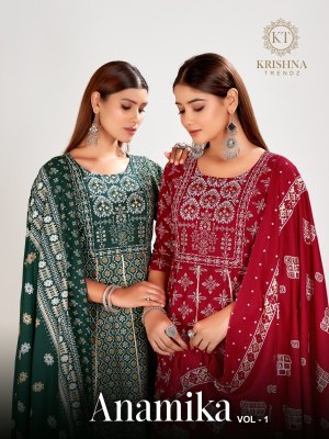 Krishna Trendz by Anamika vol 1 reyon with foil printed flaired kurti catalogue at affordable rate Krishna Trendz