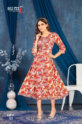 Kriti by Deecee reyon foil printed fancy flared kurti catalogue at affordable rate kurtis catalogs