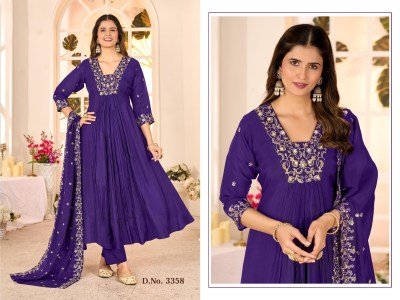 Ladies Flavour D.No-3358 To 3360 Mull Chanderi Kurti with Hand Embroidery Roman Cotton Inner Ethnic Wholesale  kurti pant with dupatta Catalogs