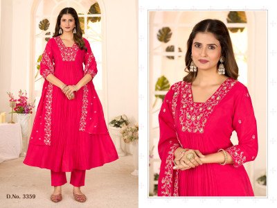 Ladies Flavour D.No-3358 To 3360 Mull Chanderi Kurti with Hand Embroidery Roman Cotton Inner Ethnic Wholesale  kurti pant with dupatta Catalogs