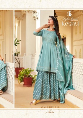 Ladies flavour lunch by keshvi Premium Festival leheriya Collection readymade sharara suit catalog at wholesale price pakistani suit catalogs