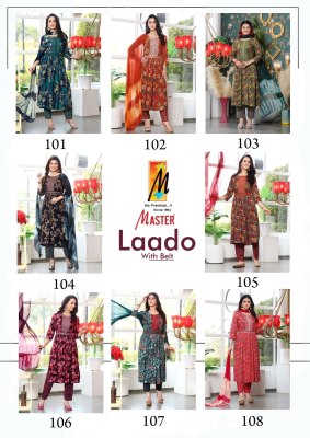 Ladoo Belt by Master fancy reyon foil printed kurti pant and dupatta catalogue at affordable rate  readymade suit catalogs