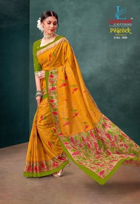 Lakhani by peacock blue pure cotton printed saree with blouse catalogue lakhani